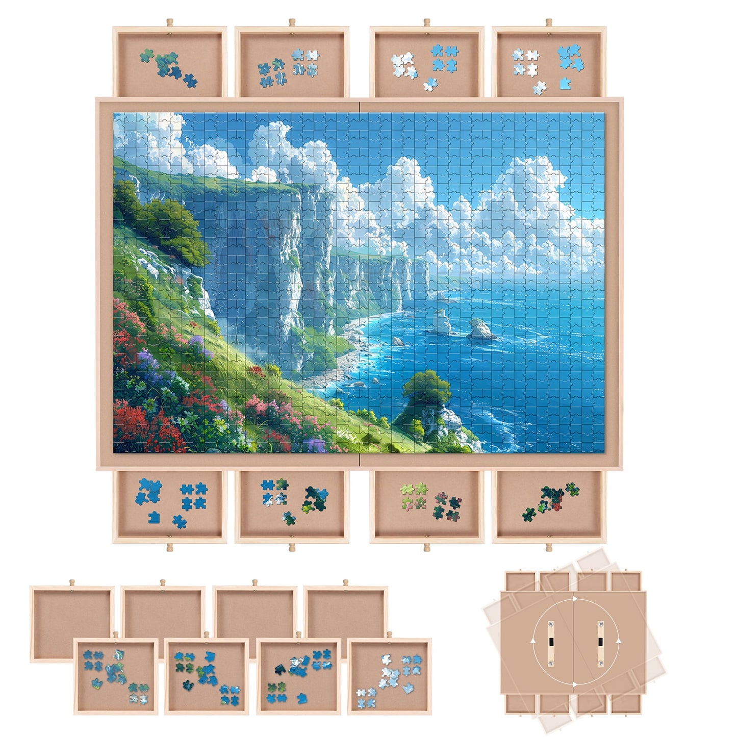 1500 Piece Puzzle Board With Cover And 8 Drawers , 34" X 26" Wooden Rotating Jigsaw Puzzle Table, Fold Spinning Puzzle Boards For Adults