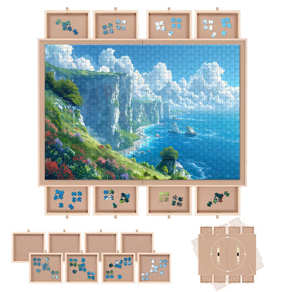 1500 Piece Puzzle Board With Cover And 8 Drawers , 34" X 26" Wooden Rotating Jigsaw Puzzle Table, Fold Spinning Puzzle Boards For Adults