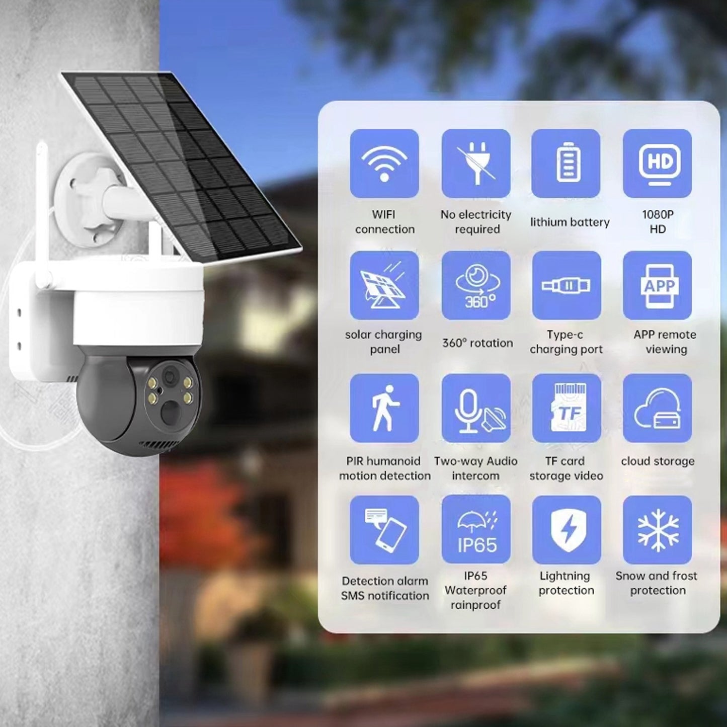 Solar Security Cameras Wireless Outdoor, 1080P WiFi Camera with Solar Panel Battery Powered Surveillance System IP65 Waterproof, Motion Sensor, 2-Way Audio, Color Night Vision, SD Card