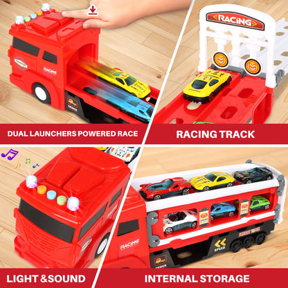 7 in 1 Carrier Truck Toy Cars for Toddlers 1-3 with Light and Sound, Christmas Birthday Gifts, Red