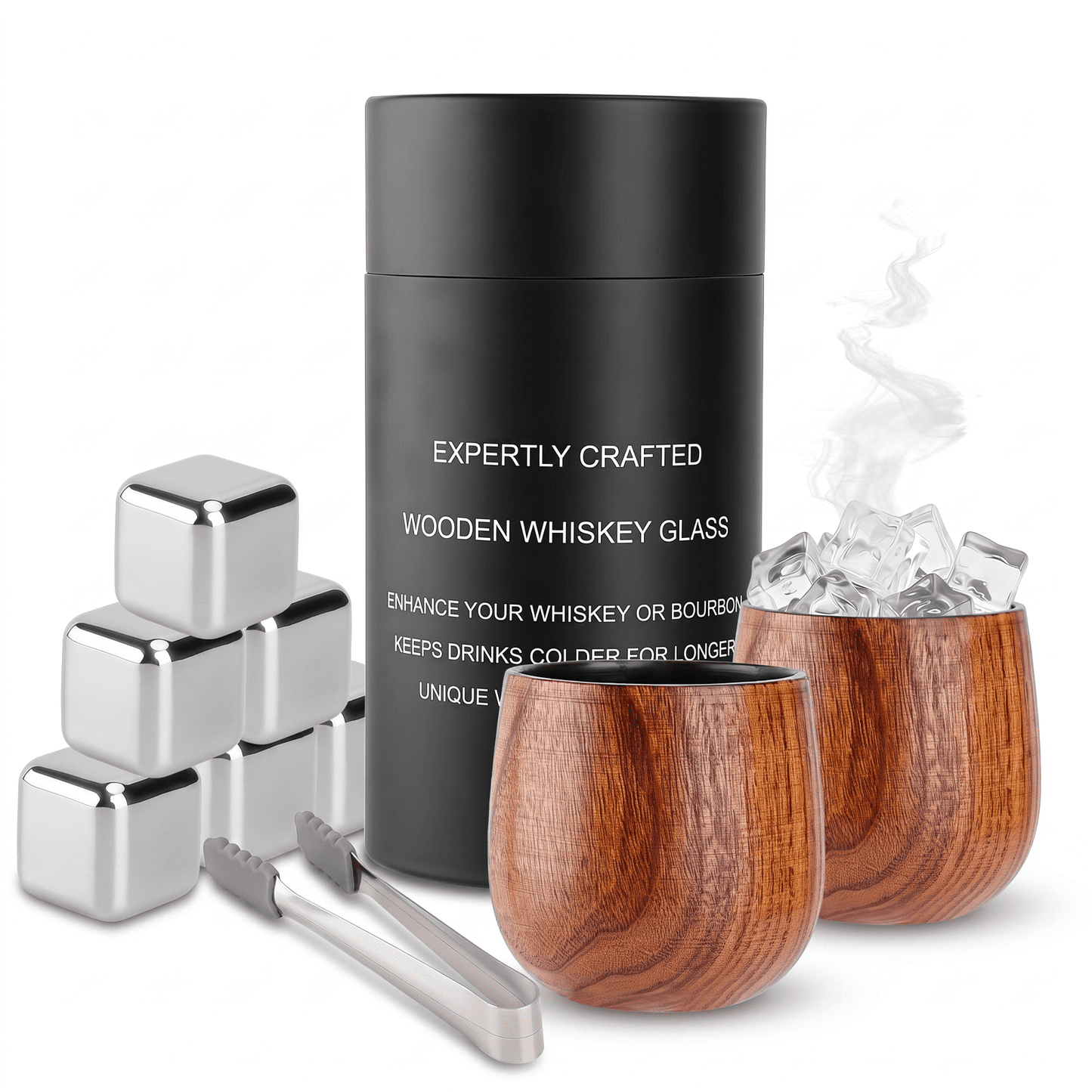 FAGNEY 2 Pack Whiskey Wooden Cups with Stainless Steel Ice Cubes for Whiskey Bourbon Cocktail Home Bar Party