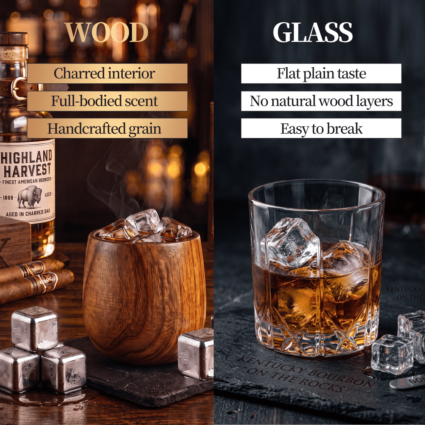 FAGNEY 2 Pack Whiskey Wooden Cups with Stainless Steel Ice Cubes for Whiskey Bourbon Cocktail Home Bar Party
