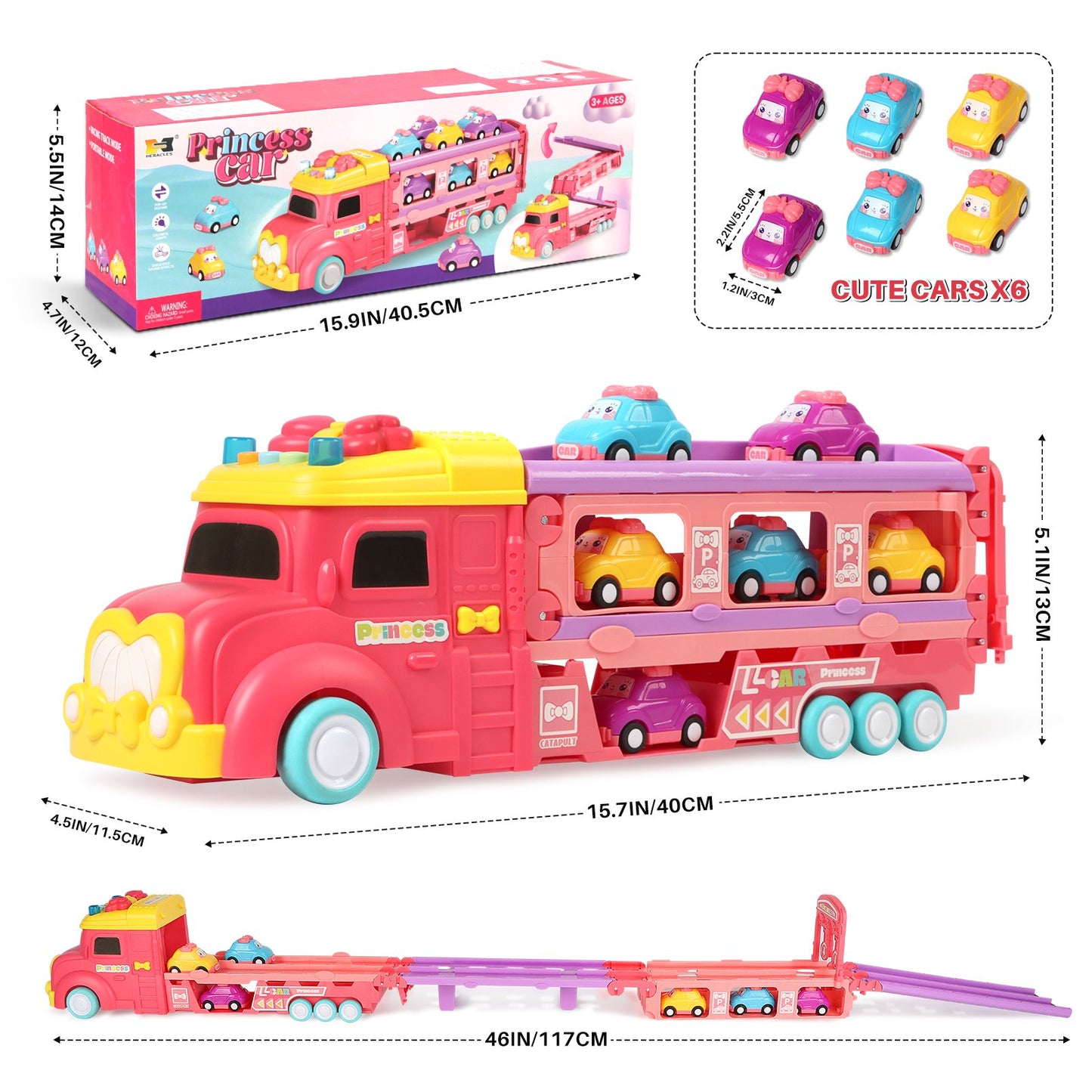 7 in 1 Carrier Truck Toy Cars for Toddlers 1-3 with Light and Sound, Christmas Birthday Gifts, Pink