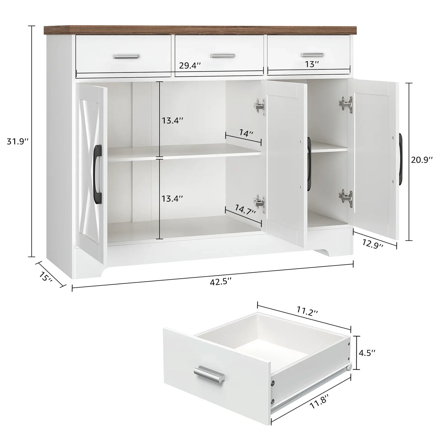 Kitchen Buffet Sideboard Cabinet, 3 Drawers Farmhouse Coffee Bar Storage Cabinet with Adjustable Shelf, White-5539725456