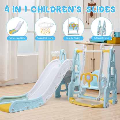 4-In-1 Kids Slide For Toddlers Age 1-3 Slide And Swing Set,Indoor Playground For Children,Freestanding Outdoor Slides With Basketball Hoop,Outside Climber Playhouses,Baby Climbing Toys,Blue