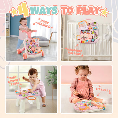 Baby Walkers for Girls, Baby Push Walkers for Babies, 3 In 1 Push Toys, Baby Walker Table & Activity Center, Early Learning Toy for Infant 6-18 Months, Pink Baby Walker Toy for Babies Learn to Walk