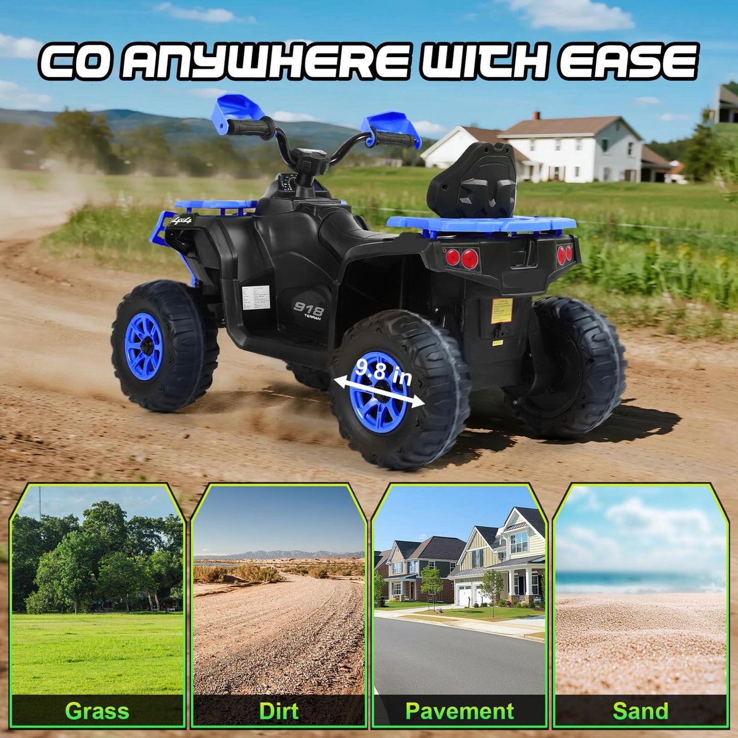 Kids ATV 4 Wheeler, 24V Ride on Toys with 2 Seater, Electric Car w/ Bluetooth/MP3 ,and Flag,Blue