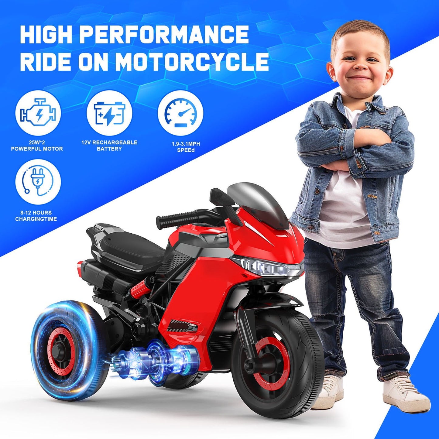 12V Motorcycle for Kids, Electric Motorcycle with 3 Wheels&Music ,Ride on Toys for Boy Girl