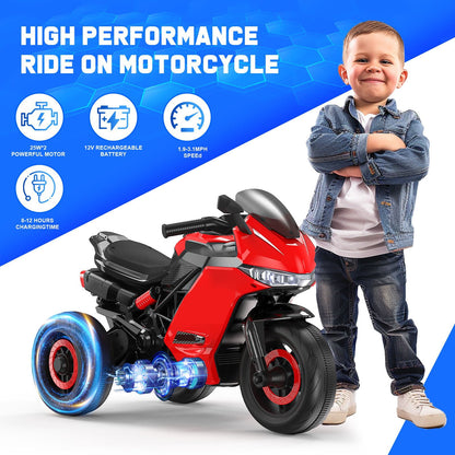 12V Motorcycle for Kids, Electric Motorcycle with 3 Wheels&Music ,Ride on Toys for Boy Girl