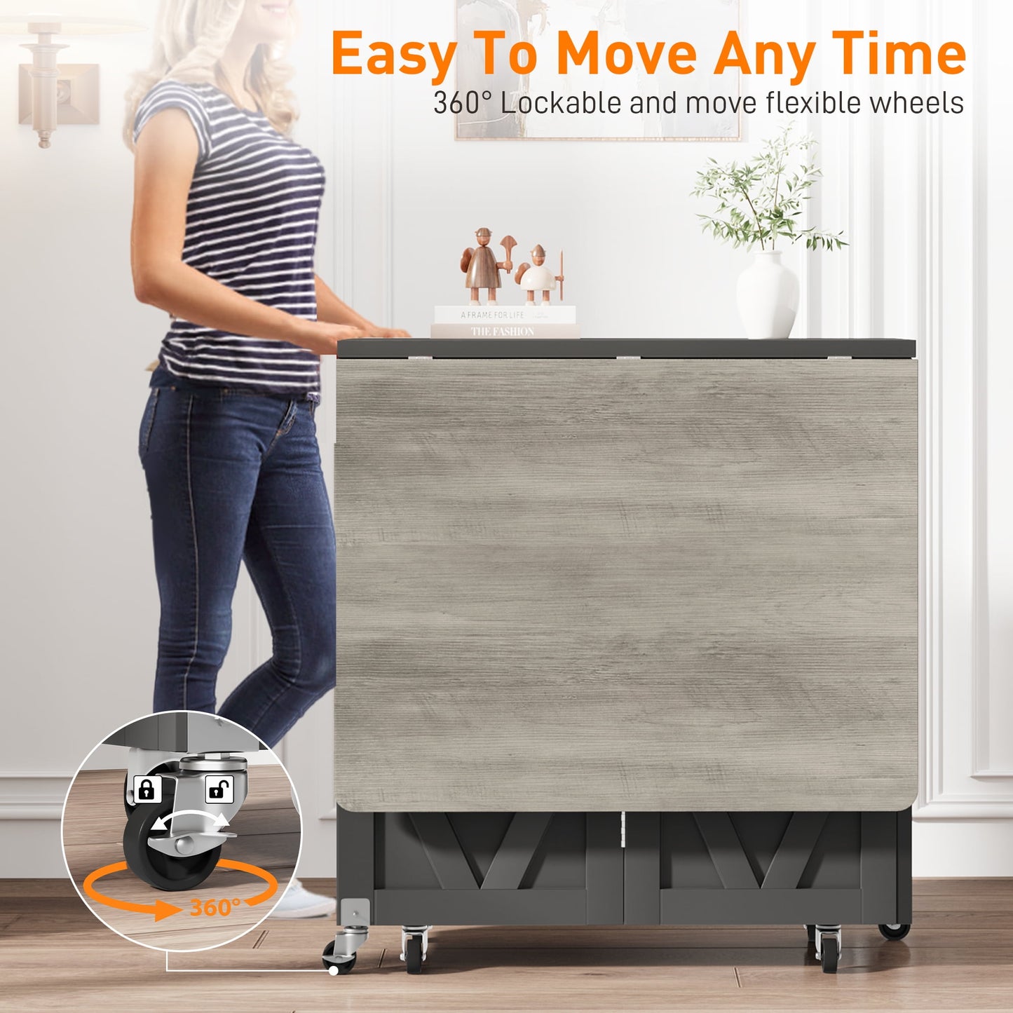 LAFGUR Folding Dining Table with 2 Storage Racks,Drop Leaf Tables with 6 Wheels,Multifunction Expandable Table for Kitchen,Bedroom,Living Room