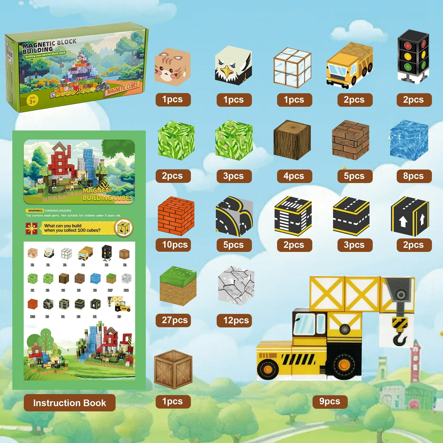 Crtynell 100pcs Magnetic Blocks - Build Magnet World Tiles Road Track Set For Boys & Girls Age 3-5 6-8, Sensory Toys for Toddlers Birthday Gifts for 3+ Years Old Girls Boys