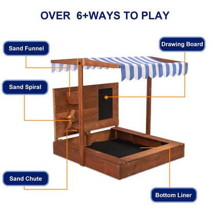 Wooden Sandbox with Cover, Sand Pit With Adjustable Cover & Sand Funnel & Drawing Board, Kids Outdoor Sand Box Play For Backyard, Garden, Beach, Outdoor Patio