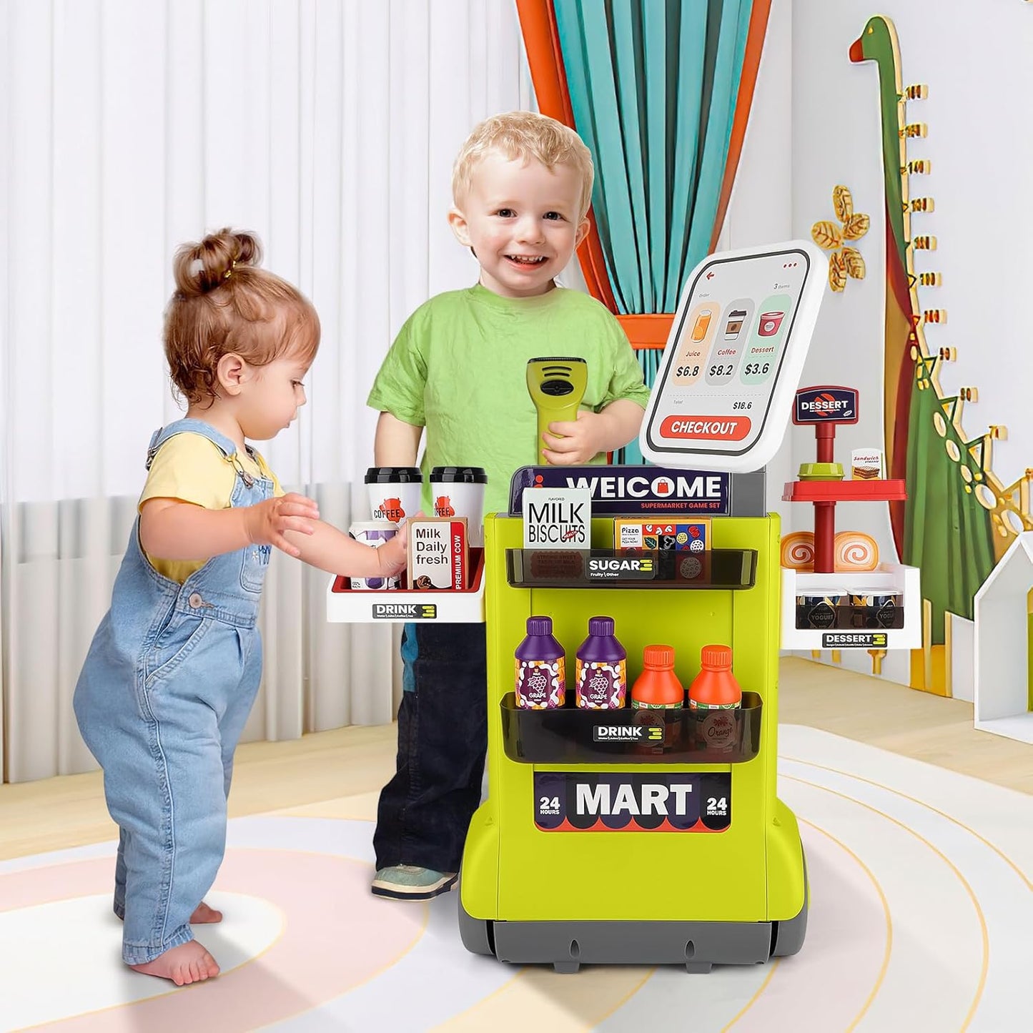 Cash Register Playset for Kids, 48PCS Pretend Play Cash Register Toy with Light and Sound, Pretend Calculator, Scanners, Credit Cards and Mobile Cart, Preschool Gifts for Toddlers Boys Girls, Green