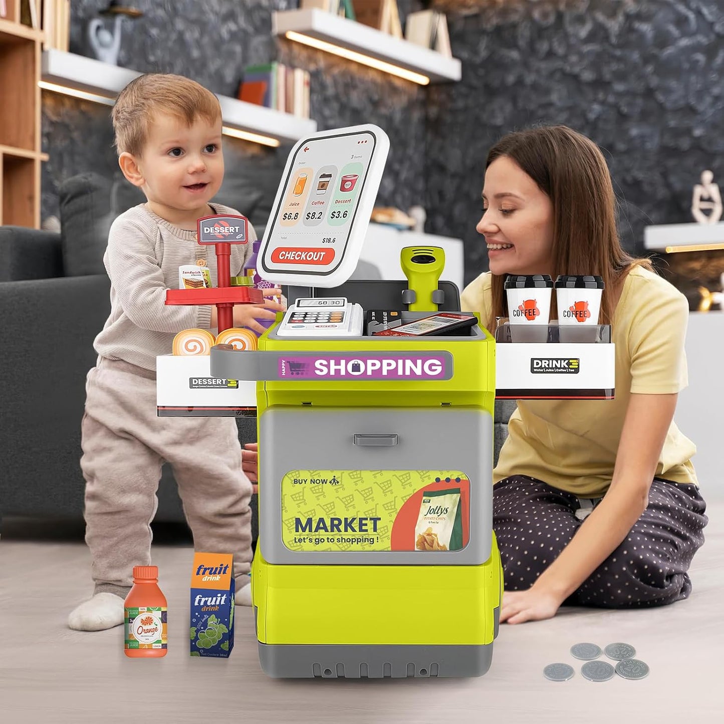 Cash Register Playset for Kids, 48PCS Pretend Play Cash Register Toy with Light and Sound, Pretend Calculator, Scanners, Credit Cards and Mobile Cart, Preschool Gifts for Toddlers Boys Girls, Green