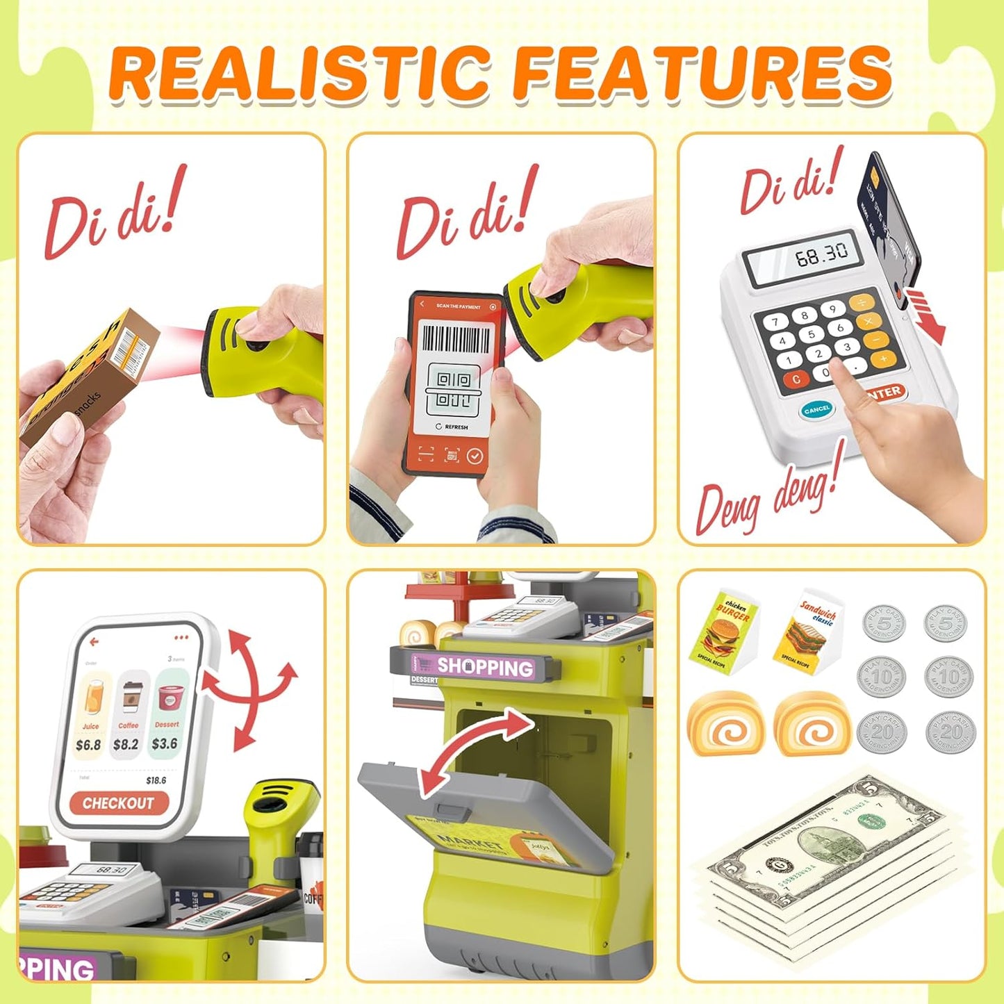Cash Register Playset for Kids, 48PCS Pretend Play Cash Register Toy with Light and Sound, Pretend Calculator, Scanners, Credit Cards and Mobile Cart, Preschool Gifts for Toddlers Boys Girls, Green