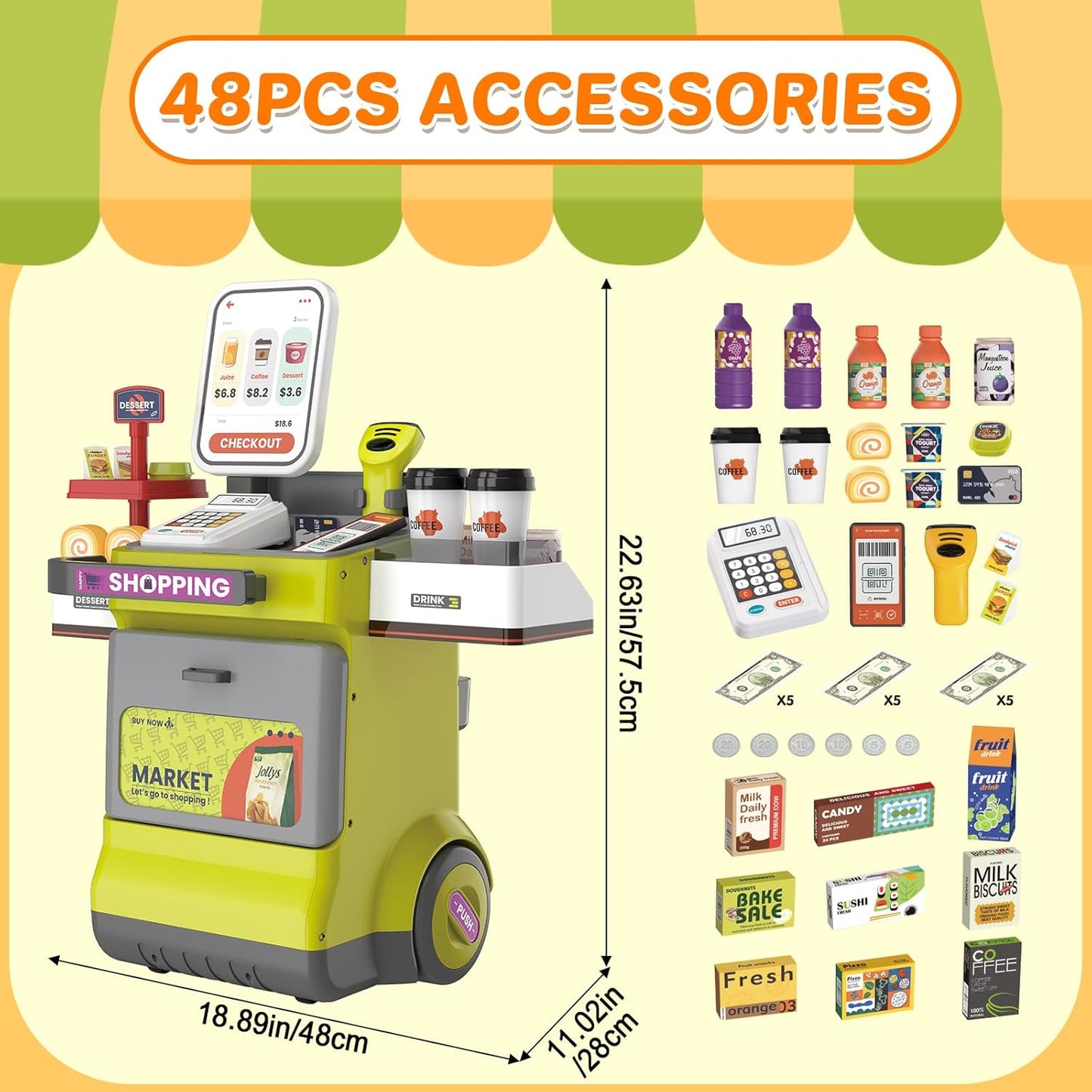 Cash Register Playset for Kids, 48PCS Pretend Play Cash Register Toy with Light and Sound, Pretend Calculator, Scanners, Credit Cards and Mobile Cart, Preschool Gifts for Toddlers Boys Girls, Green