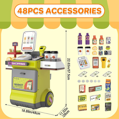 Cash Register Playset for Kids, 48PCS Pretend Play Cash Register Toy with Light and Sound, Pretend Calculator, Scanners, Credit Cards and Mobile Cart, Preschool Gifts for Toddlers Boys Girls, Green