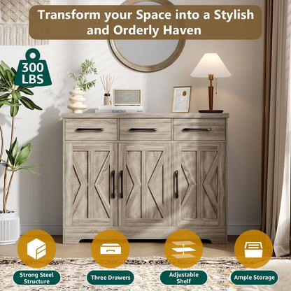 Kitchen Buffet Sideboard Cabinet, 3 Drawers Farmhouse Coffee Bar Storage Cabinet with Adjustable Shelf, White-5539725456