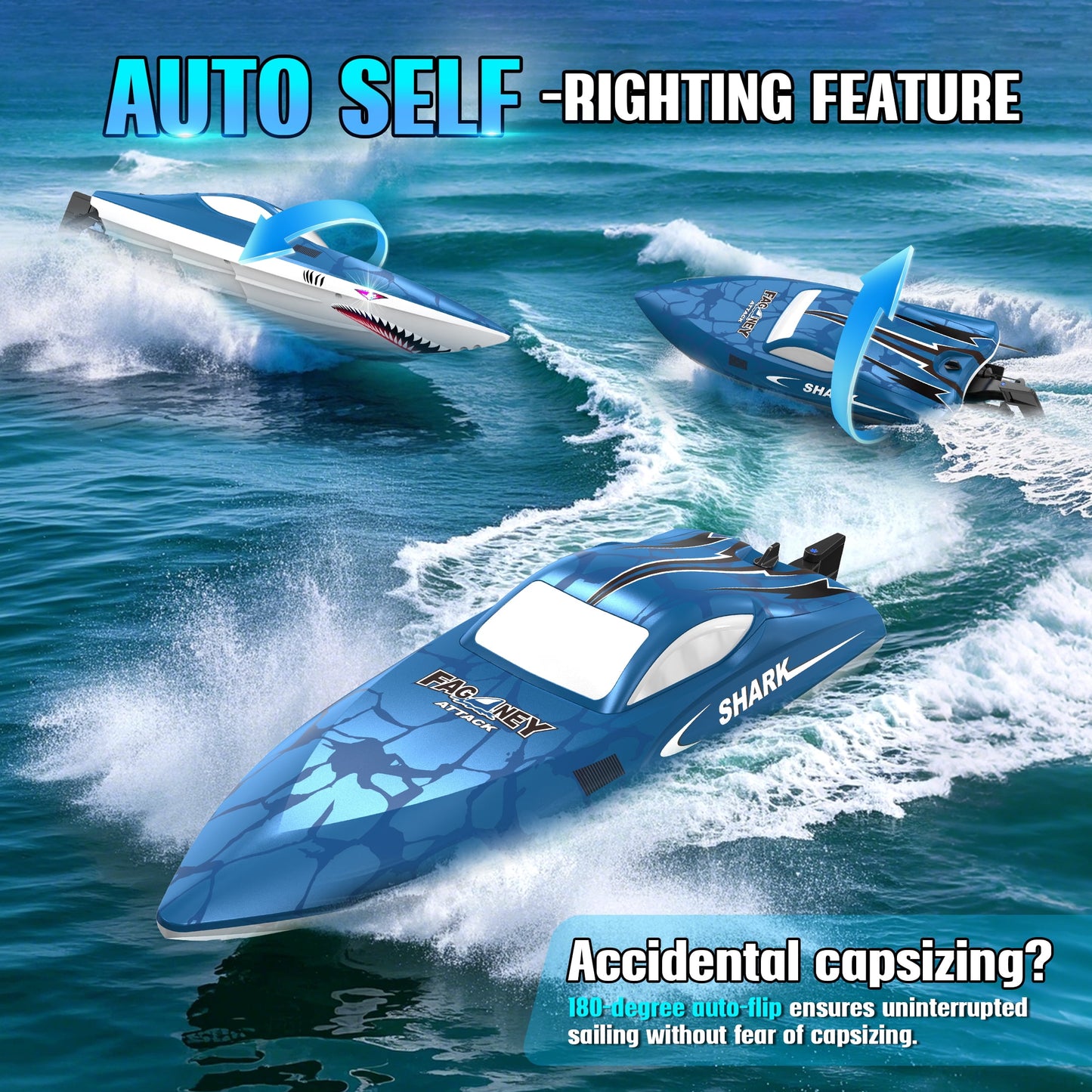 FAGINEY Brushless RC Shark Boat for Kids Adults, 34 mph (55 Kph) 2.4GHz Fast Remote Control Boat with Self-Righting, LED Lights
