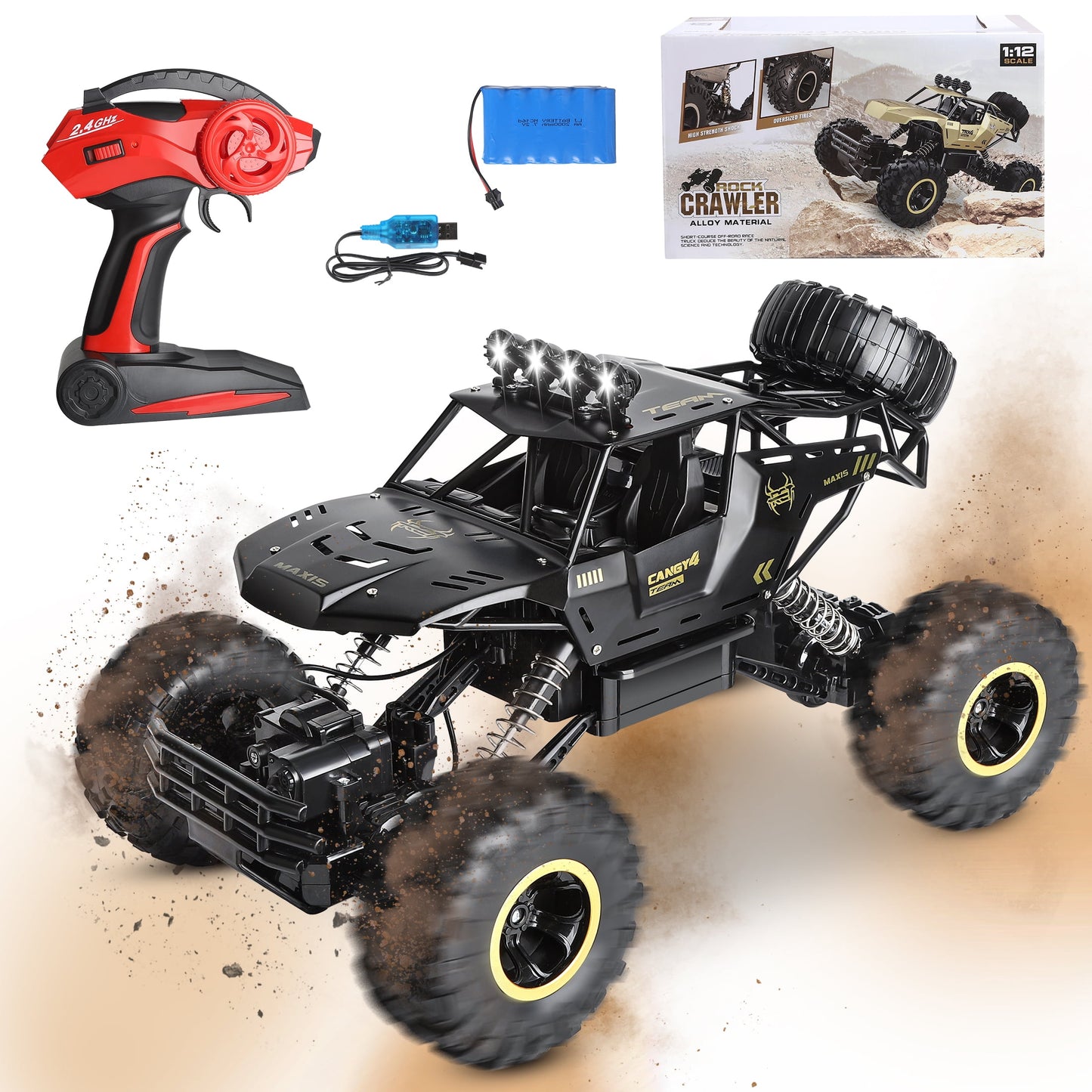 Alloy Off Road RC Truck 1:12 Electric Rock Crawler 4X4 RTR RC Crawler 2.4GHz RC Car Toy Crawling Remote Control Car for Kids Adults Beginners, 2 Batteries