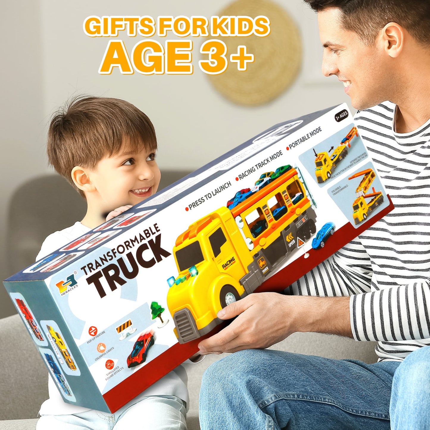 7 in 1 Carrier Truck Toy Cars for Toddlers 1-3 with Light and Sound, Christmas Birthday Gifts, Yellow