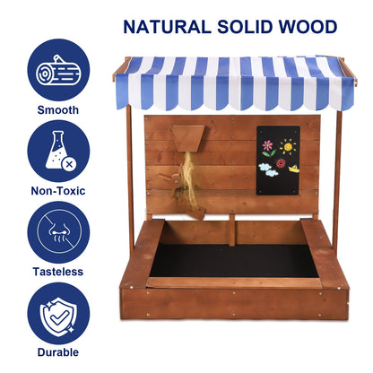 Wooden Sandbox with Cover, Sand Pit With Adjustable Cover & Sand Funnel & Drawing Board, Kids Outdoor Sand Box Play For Backyard, Garden, Beach, Outdoor Patio