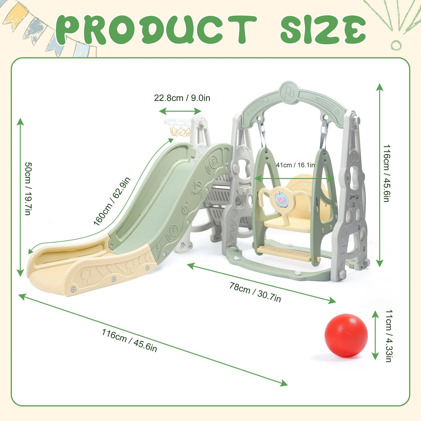 4-In-1 Kids Slide For Toddlers Age 1-3 Slide And Swing Set,Indoor Playground For Children,Freestanding Outdoor Slides With Basketball Hoop,Outside Climber Playhouses,Baby Climbing Toys,Green