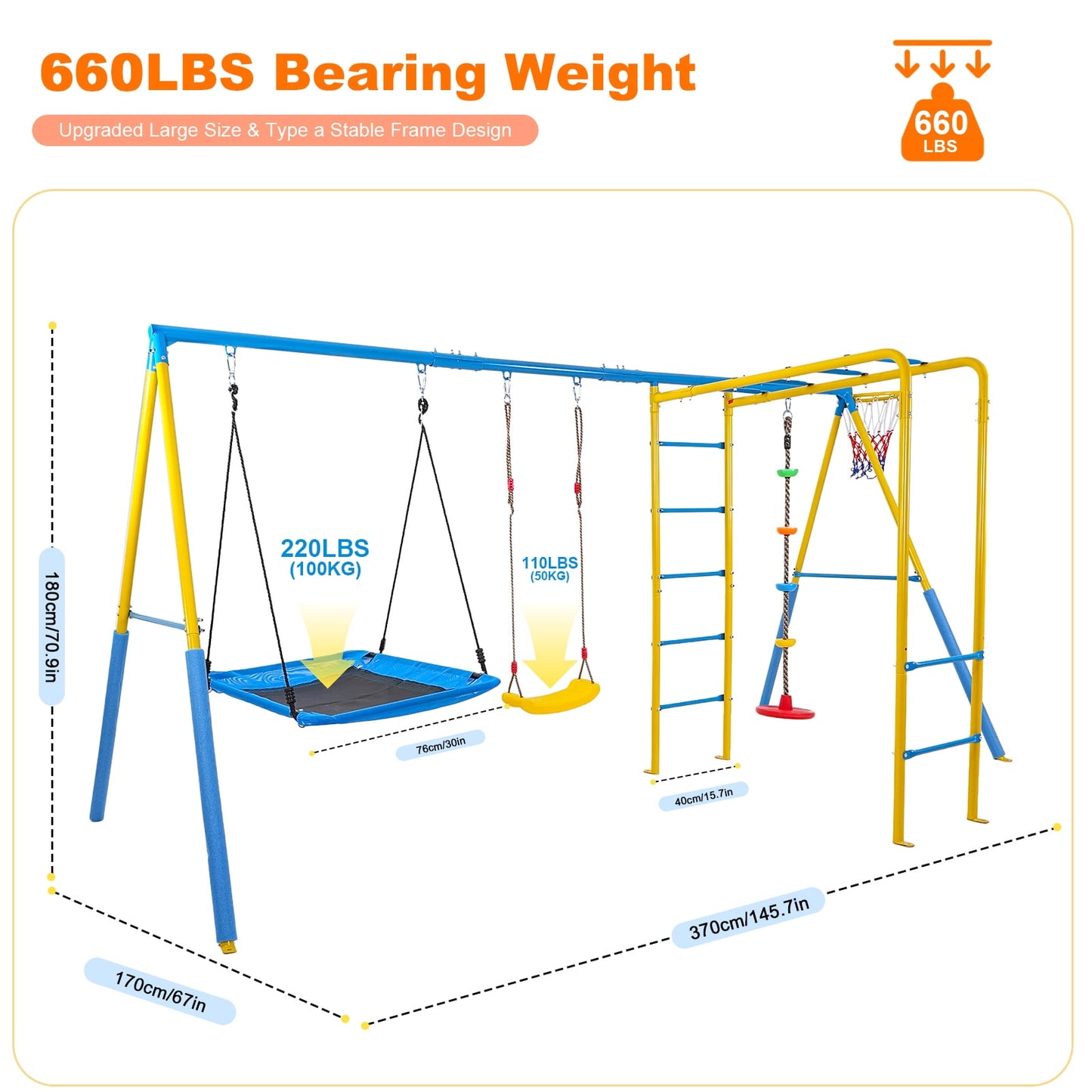 KALNUR 6 in 1 Swing Sets for Outside,A-Frame Swing Set with Monkey Bars,3 Swing,Climbing Frame,Basketball Hoop
