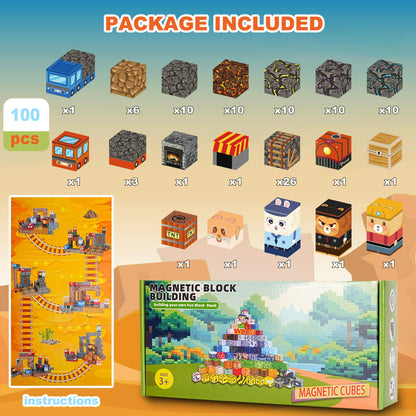 100pcs Magnetic Blocks - Build Mine Magnet World Mine Train Track Set For Boys & Girls Age 3-5 6-8, Sensory Toys For Toddlers Gifts For 3+ Years Old Girls Boys