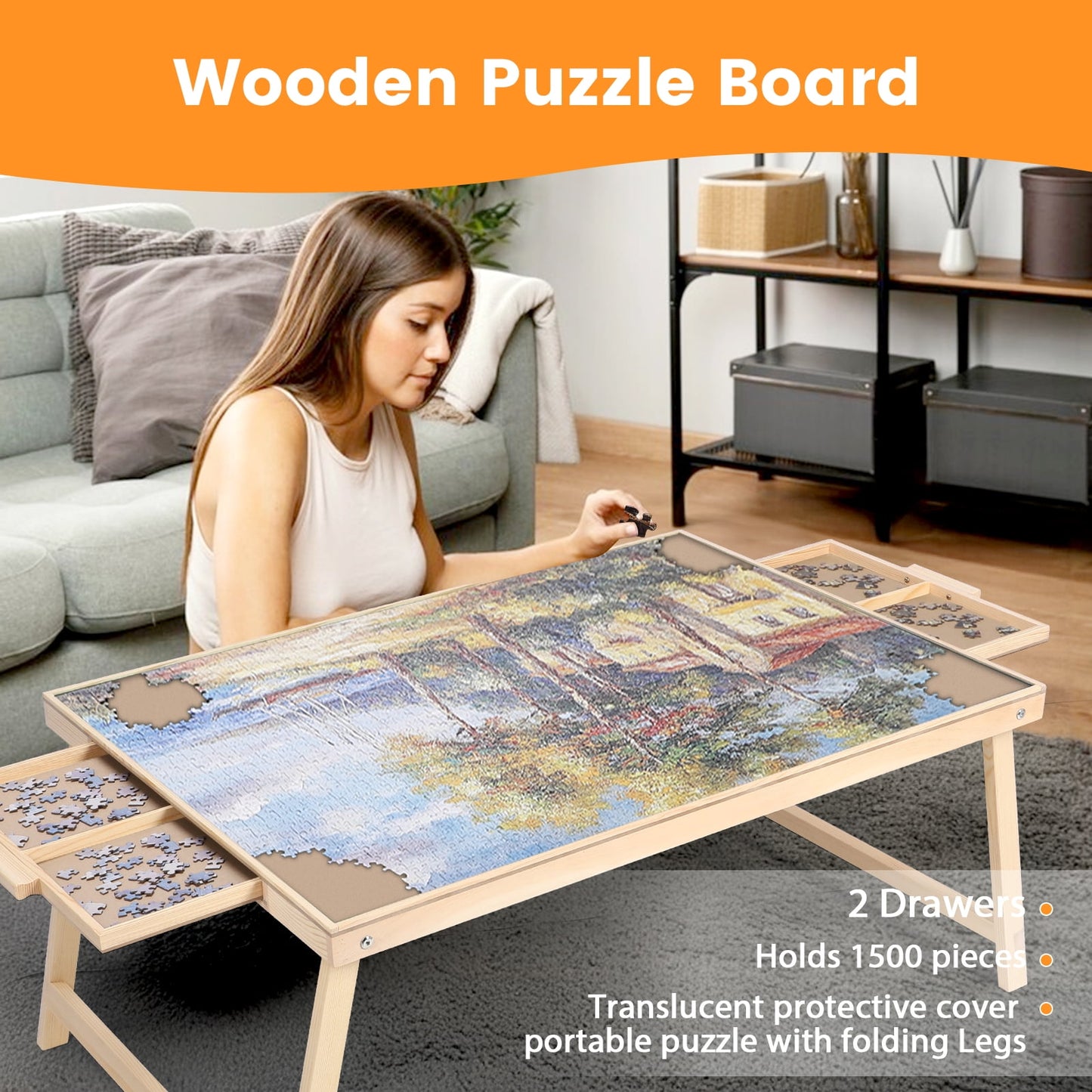 1500 Piece Puzzle Board With Folding Legs And 2 Sliding Drawers,34" X 26" Wooden Jigsaw Puzzle Table,Wood Puzzle Tray For Adults