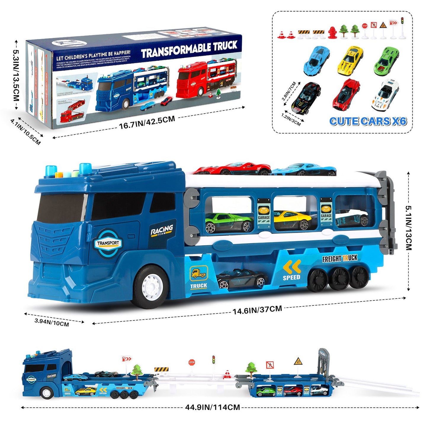 7 in 1 Carrier Truck Toy Cars for Toddlers 1-3 with Light and Sound, Christmas Birthday Gifts, Blue