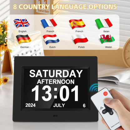 Crtynell Digital Day Calendar Clock Multifunctional Extra Large Dementia Digital Clock with 5 Alarms and Medication Reminders Impaired Vision Digital Clock (8" Black)