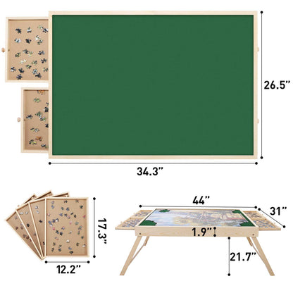 1500 Piece Puzzle Board With Folding Legs And 4 Sliding Drawers, 34" X 26" Wooden Rotating Jigsaw Puzzle Table, Wood Puzzle Tray For Adults And Kids