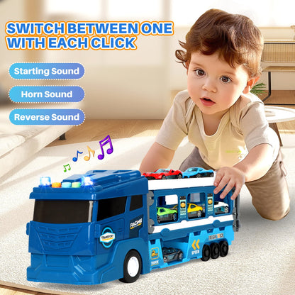 7 in 1 Carrier Truck Toy Cars for Toddlers 1-3 with Light and Sound, Christmas Birthday Gifts, Blue