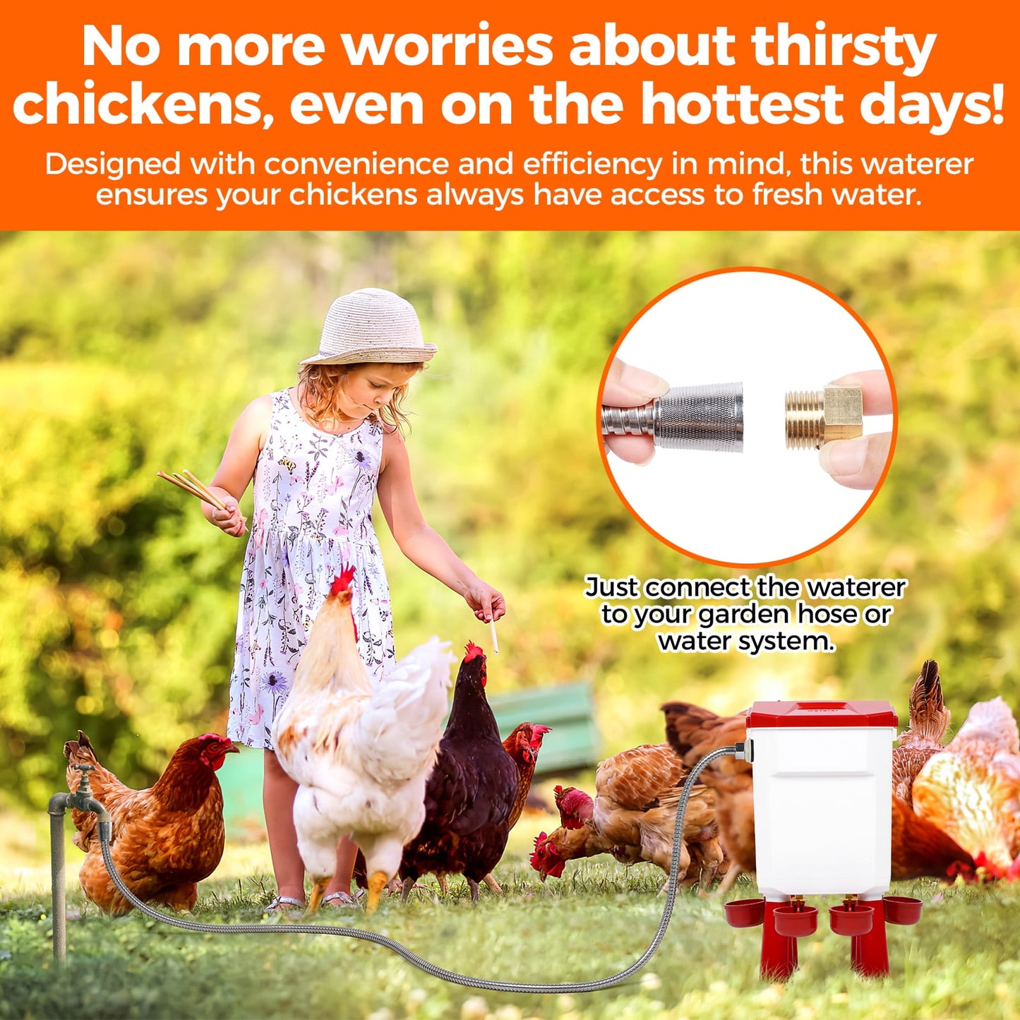 Crtynell Automatic chicken waterer with float control for continuous water supply, Freestanding poultry waterer with adjustable legs, connects to extension hose, suitable for chickens, ducks, turkeys