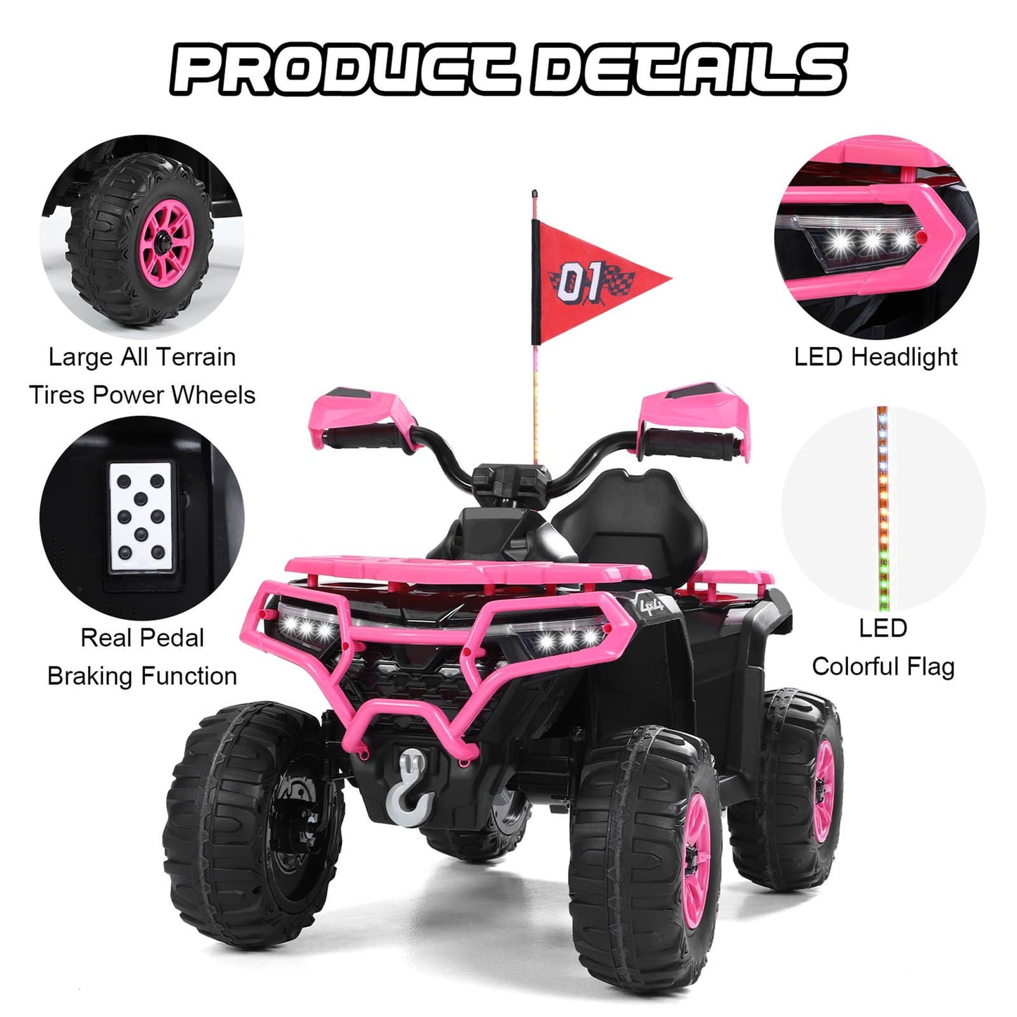 Kids ATV 4 Wheeler, 24V Ride on Toys with 2 Seater, Electric Car w/ Bluetooth/MP3 ,and Flag,Rose
