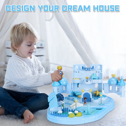 Princess Castle Toys Playset, Magnetic Princess Dream House with 2 Mini Figures, Ice and Snow Dollhouse DIY Building Castle with Light & Music for Pretend Play, Gift for Girls Toys Ages 3+