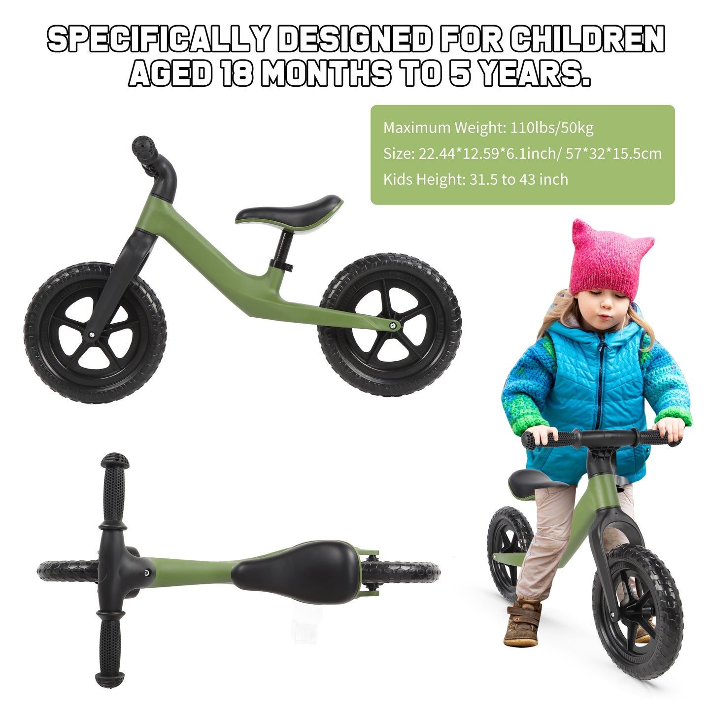 12" Balance Bike for Kids Toddlers Age 18 Months to 5 Years Old Boys Girls Baby Balance Bike Bicycle Gift for 2-4 yrs Old, Green