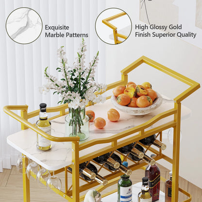 LAFGUR Rolling Bar Cart with Wheels, Beverage Serving Cart with Wine Racks and Glasses Holder, Coffee Bar Cart for The Home, Party Gold