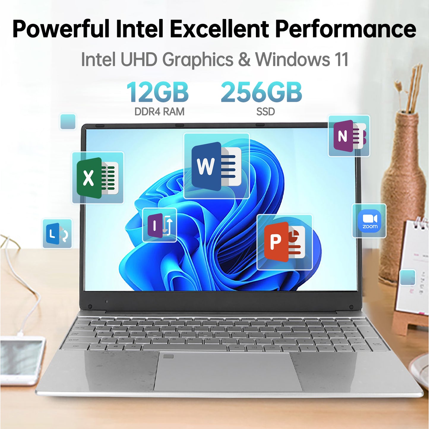 15.6 inch Laptop 1920*1080 FHD IPS Display, 12GB DDR4 256GB SSD Quad-Core Intel N5095 Processors, WiFi, Bluetooth, FingerPrint, Backlit Keyboard, Windows 11 Computer, 15" Lightweight Laptop, Silver