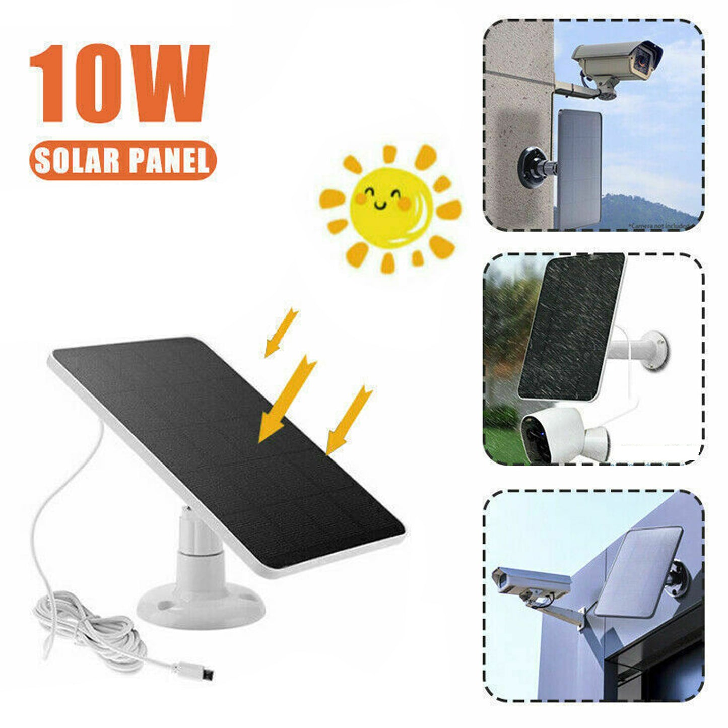 10W Solar Panel for Security Camera, USB C Port Solar Panel for 5V Outdoor Rechargeable Battery Camera Doorbell Light, 360° Adjustable Security Mount, 9.8ft Cable, IP65 Waterproof Rating