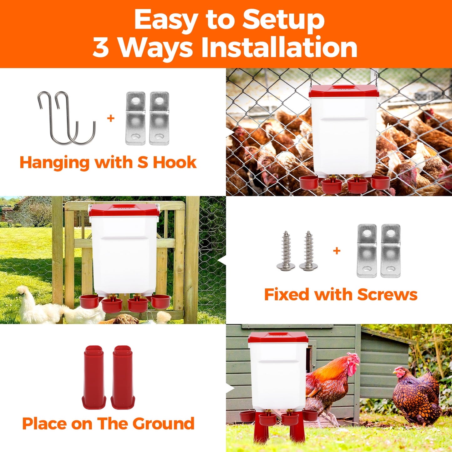 Crtynell Automatic chicken waterer with float control for continuous water supply, Freestanding poultry waterer with adjustable legs, connects to extension hose, suitable for chickens, ducks, turkeys