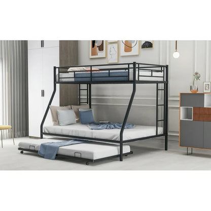 Twin over Full Bunk Bed with Trundle, Heavy-Duty Metal Triple Beds w/Two Side Ladders & Safety Guard Rail, 3 in 1 Bunk Beds for Kids Teens, Black