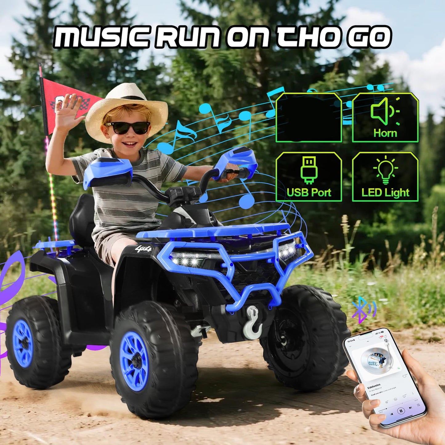 Kids ATV 4 Wheeler, 24V Ride on Toys with 2 Seater, Electric Car w/ Bluetooth/MP3 ,and Flag,Blue