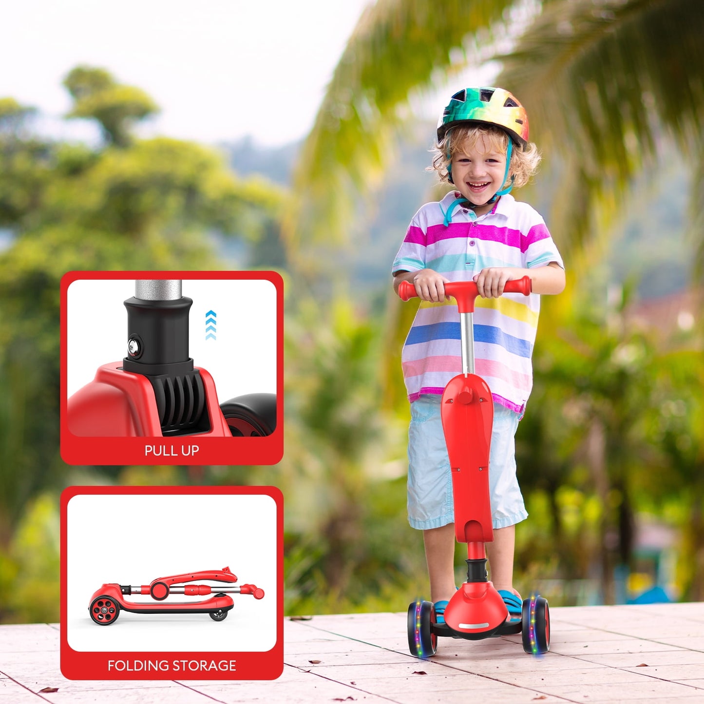Kids Scooter with Removable Seat & 3 Extra Wide PU Light-Up Wheels, Adjustable Height Handlebar Kick Scooter for Kids Ages 2-12