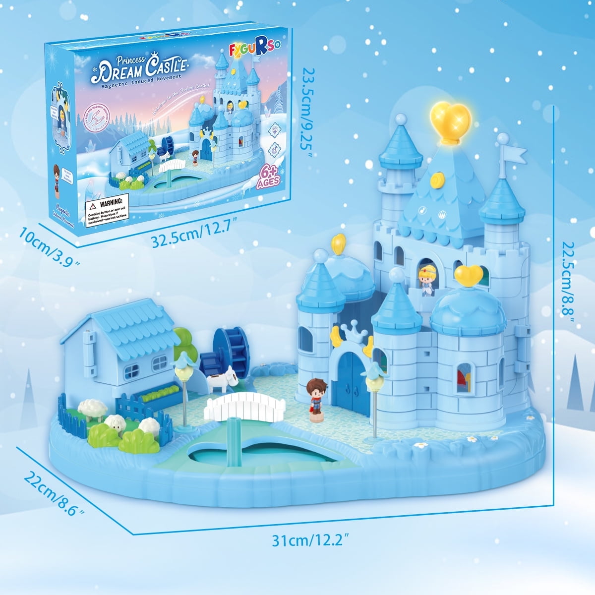 Princess Castle Toys Playset, Magnetic Princess Dream House with 2 Mini Figures, Ice and Snow Dollhouse DIY Building Castle with Light & Music for Pretend Play, Gift for Girls Toys Ages 3+