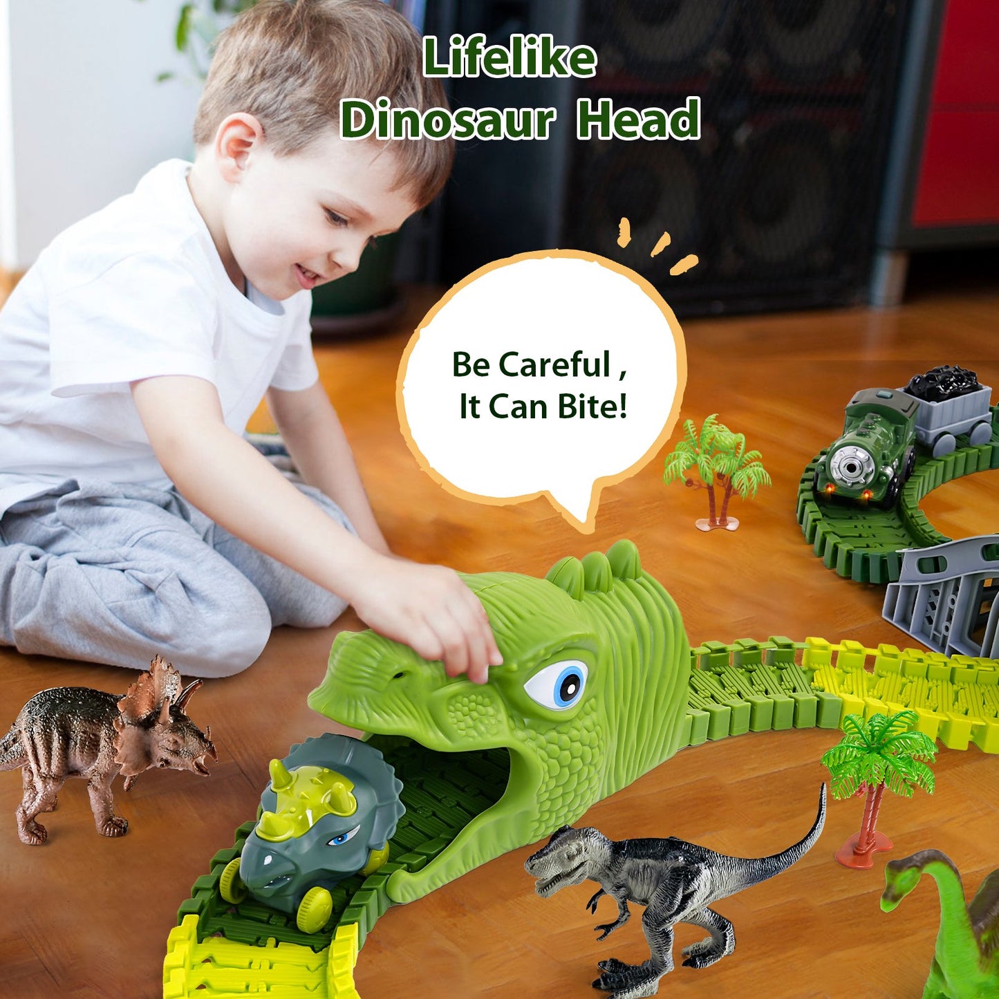 Dinosaur Toys Race Car Dinosaur Track Set For Kids, 275 Pcs Flexible Stem Playset Christmas Gifts For 3 4 5 6 7 8 Boys Girls