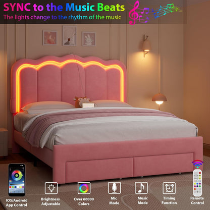 LAFGUR Full Size LED Bed Frame with 2 Storage Drawer and Adjustable Wavy Headboard,Velvet Upholstered Platform Bed with Charing Station