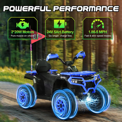 Kids ATV 4 Wheeler, 24V Ride on Toys with 2 Seater, Electric Car w/ Bluetooth/MP3 ,and Flag,Blue
