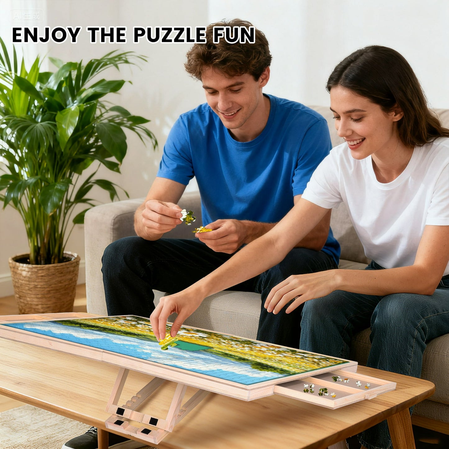 KALNUR 1500 Pieces 2-in-1 Tilting & Rotating Puzzle Board for Adults Gifts, Wooden Jigsaw Puzzle Table with 2 Drawers, Portable Board with Lazy Susan and Cover, 25.2" x 34.2"